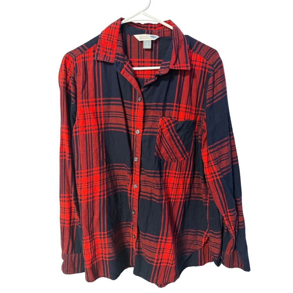 Old Navy Plaid Flannel Shirt Women Large Red Navy Blue